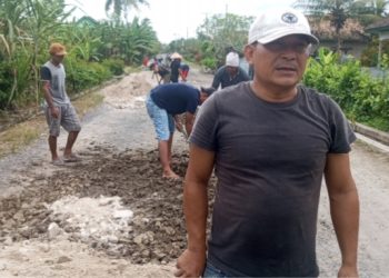 Puluhan Sopir di Desa Bali Agung Adakan Aksi Pengurugan Jalan Berlubang