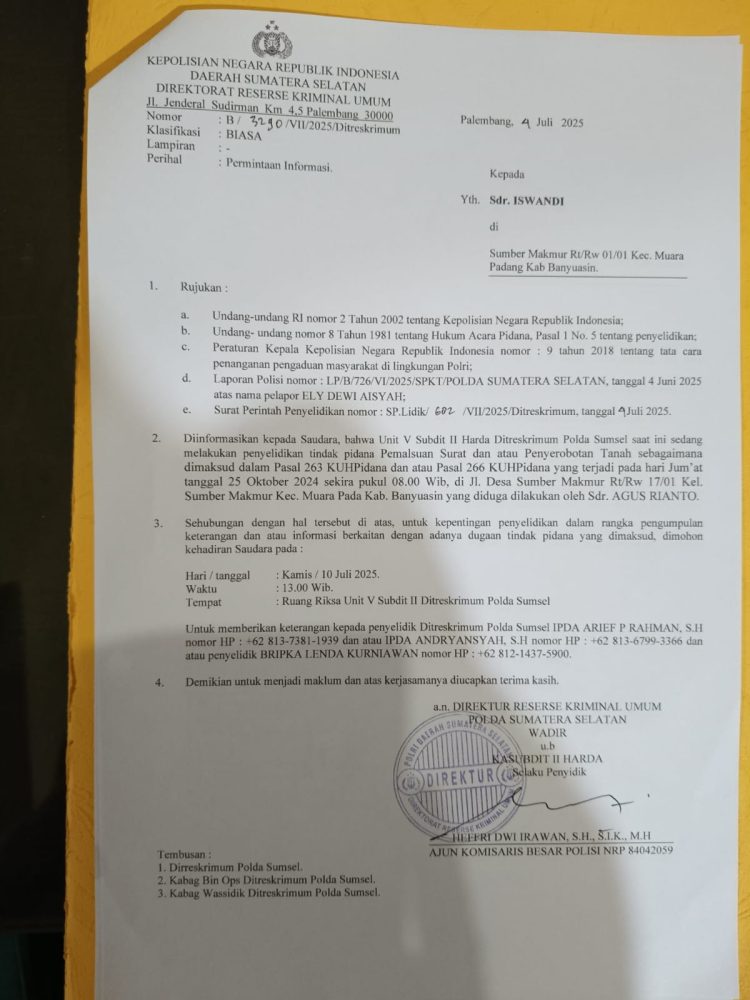 Ely Dan Is Penuhi Undangan Polda Sumsel Terkait Dugaan Penyerobotan Dan Pemalsuan Oleh AR Oknum Aggota DPRD Banyuasin  ‎