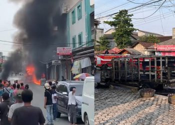 Si jago merah lalap truk muat BBM di depan Terminal Pringsewu ,