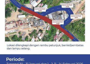 PEKERJAAN OVERPASS TOL PALEMBANG–BETUNG SEKSI 3, DITERAPKAN BUKA-TUTUP DI JALAN NASIONAL SUMSEL KM 69-71