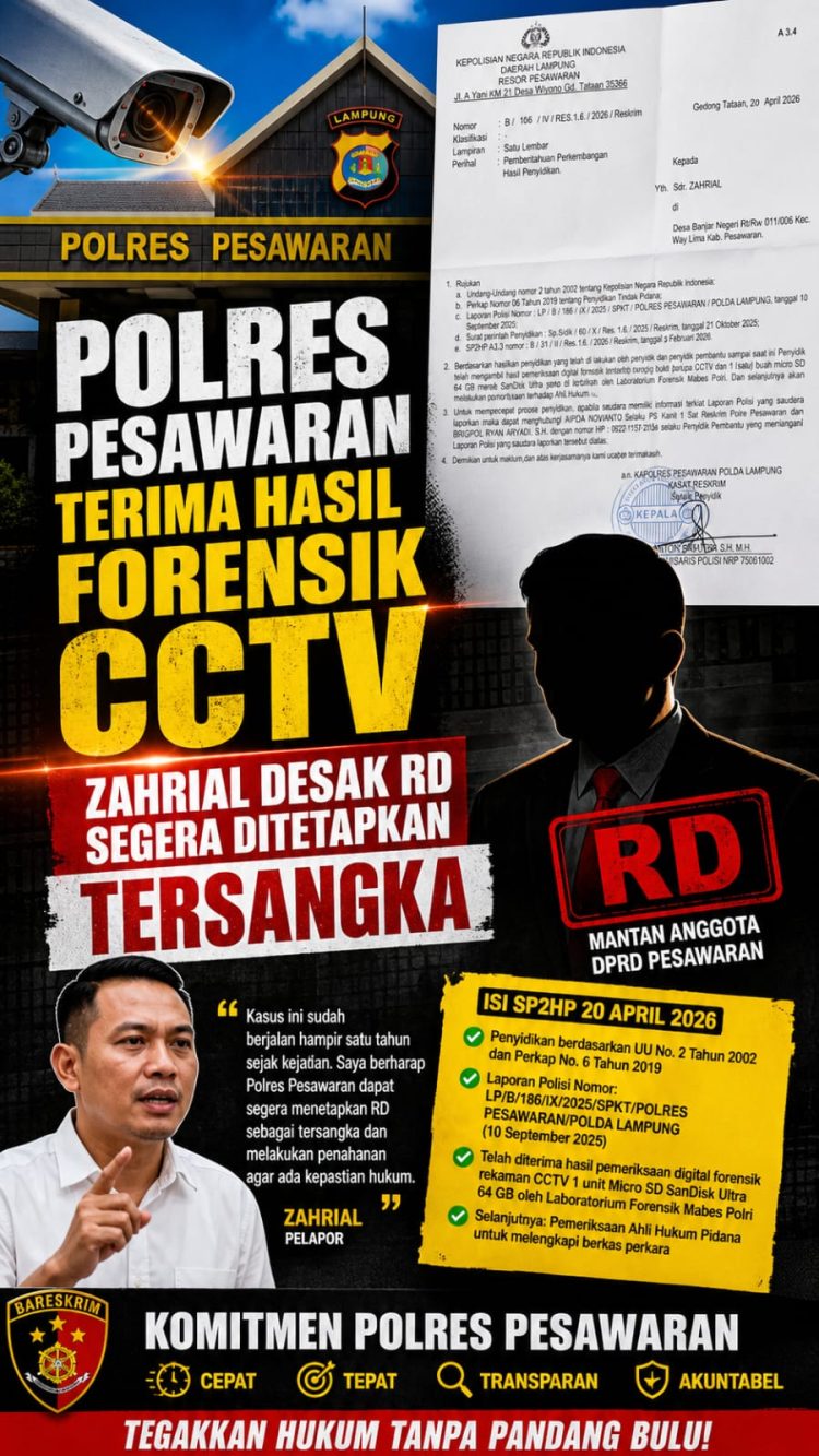 Polres Pesawaran Terima Hasil Forensik CCTV, Zahrial Desak RD Segera Ditetapkan Tersangka