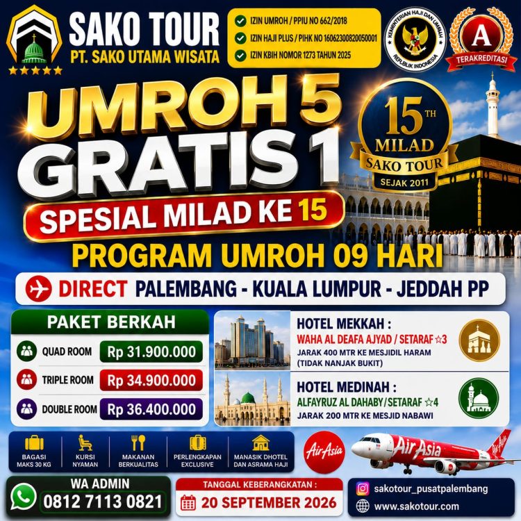 Sako Tour Hadirkan Promo Spesial Milad ke-15, Beli 5 Jamaah Gratis 1 untuk Keberangkatan 20 September 2026